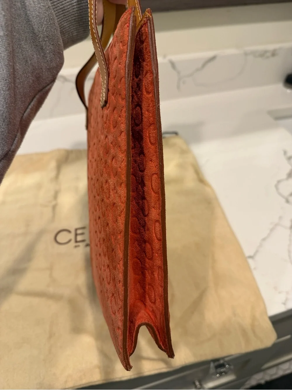 Celine Orange Suede Tote with Tan Leather Handles